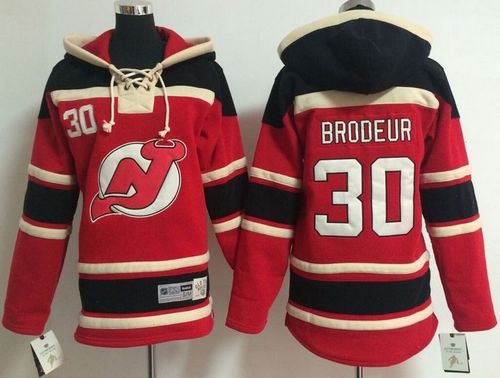Devils #30 Martin Brodeur Red Sawyer Hooded Sweatshirt Stitched Youth NHL Jersey